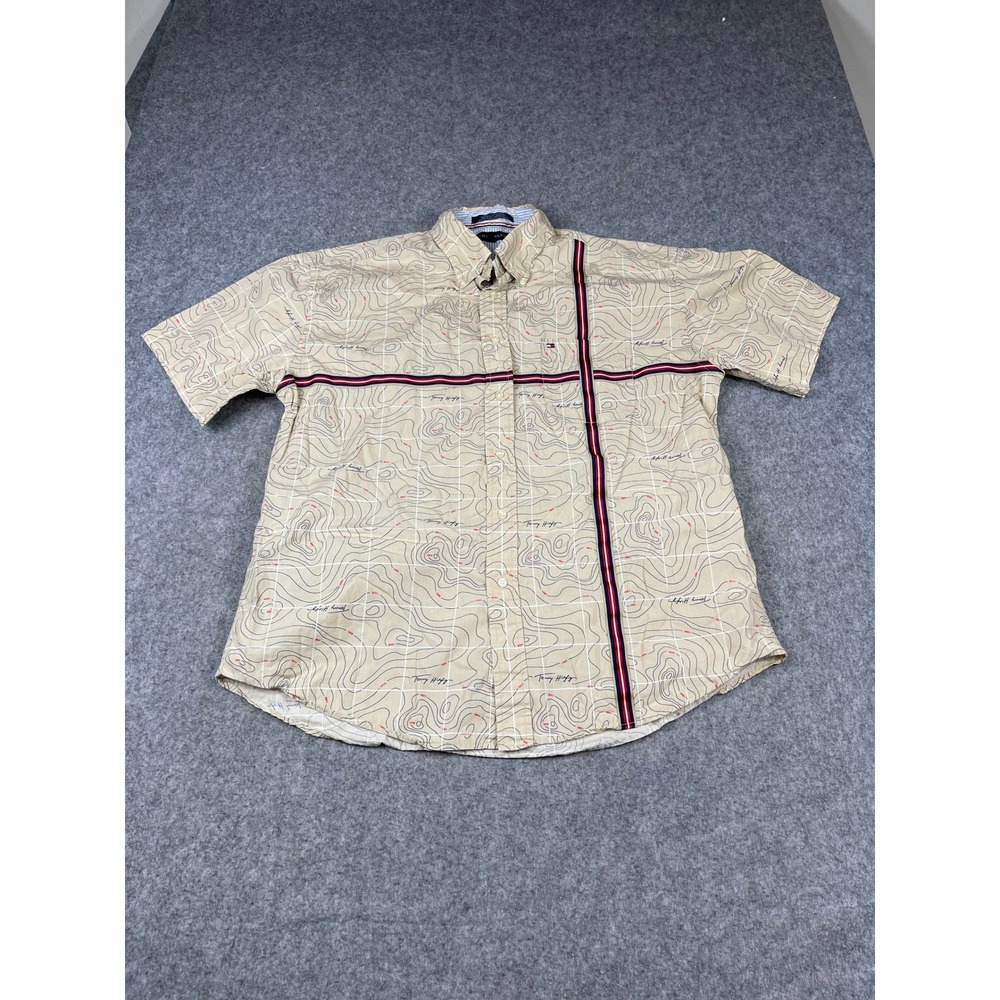 Tommy Hilfiger Mens XL Topographic Map Print Short Sleeve Button Down Shirt Tan